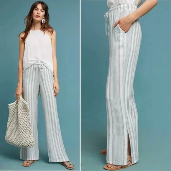 Cloth & Stone Pants Linen Blend Blue White Stripe‎ Wide Leg Split Hem Small - Picture 1 of 11